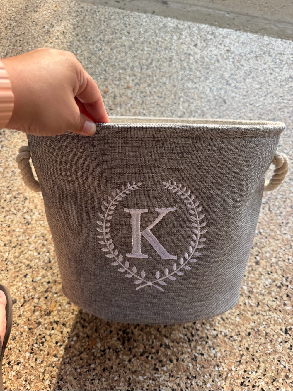 Personalized Monogram Gray Fabric Storage Bin with Rope Handles